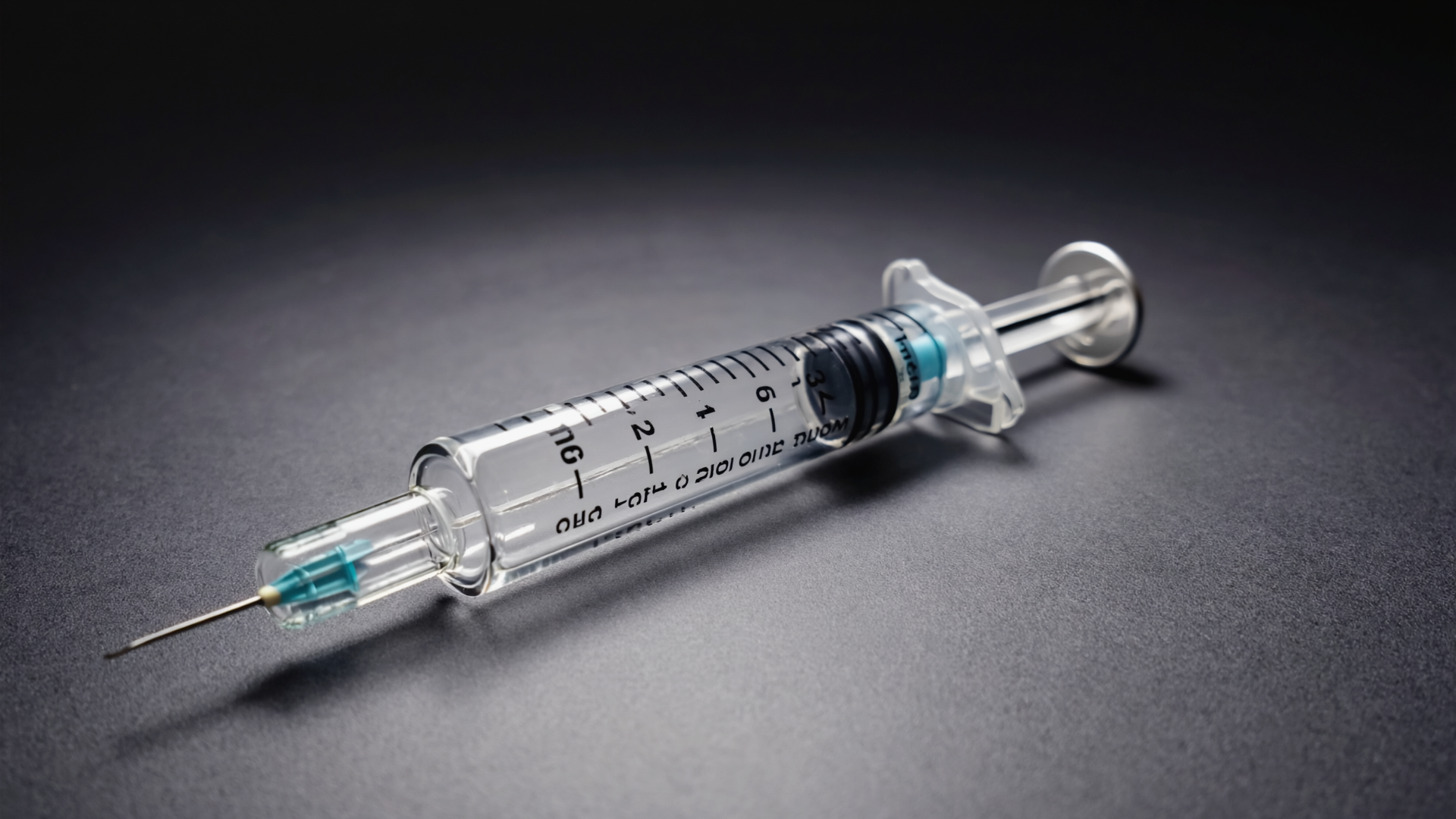 Macro photograph of a glass syringe on dark graphite; a luminous liquid layer fills it to the computed units